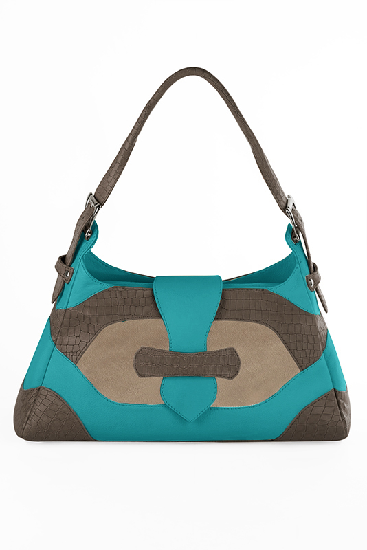 Turquoise blue and tan beige women's dress handbag, matching pumps and belts. Top view - Florence KOOIJMAN